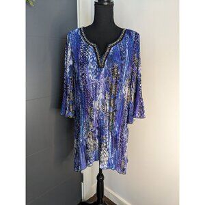 Vintage Catherine's Purple Pleated Snake Print Geometric Bell Sleeve Tunic -‎ 1X
